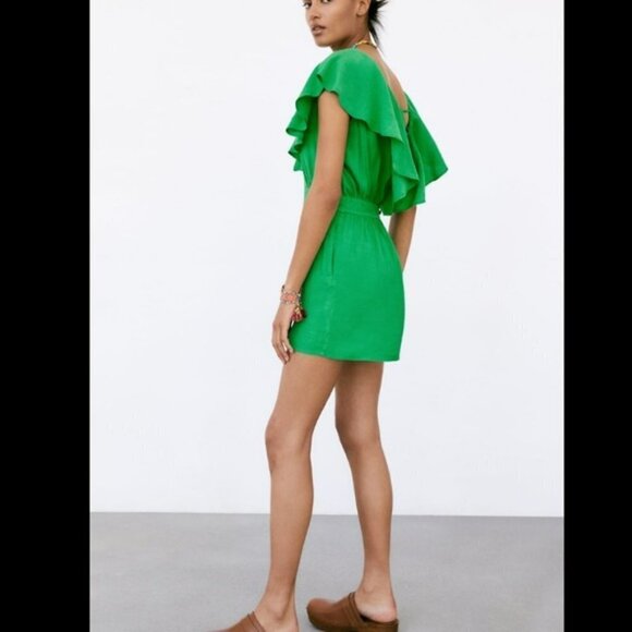 ZARA Green Linen / Viscose Ruffle Elastic High Waist Playsuit / Romper Size M - Picture 4 of 10